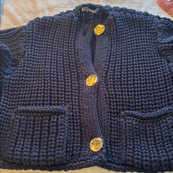 Zara Navy Blue Chunky Knit Cardigan with Gold Buttons - Picture 4 of 4